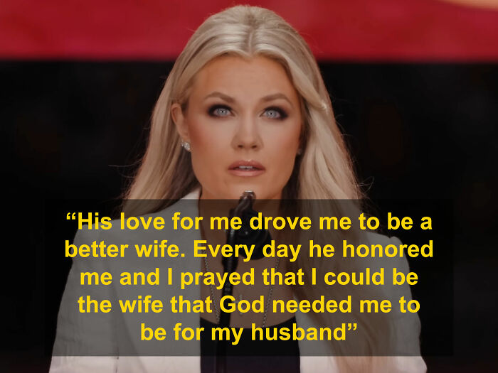 Erika Kirk speaking at a funeral, addressing personal reflections amid heated debate over feminist movement claims.