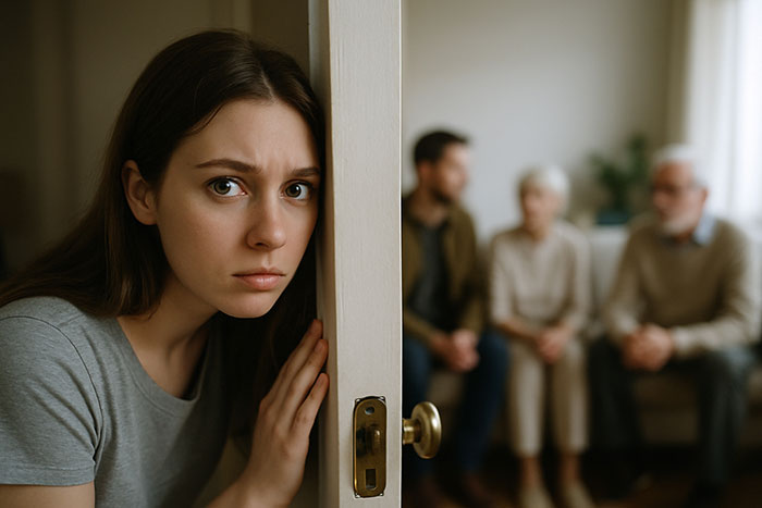 Bride-to-be looks upset overhearing future MIL with fianc&eacute; and older couple blurred in background in living room.