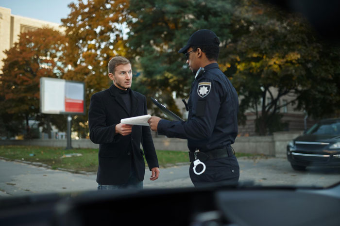 Police officer giving a warning to a man during a dispute over an entitled neighbor trying to hijack a resident&rsquo;s driveway.