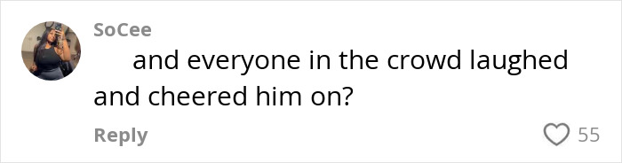Comment on social media discussing crowd reaction during ex-con rock star incident involving fat shaming woman rushing the stage.