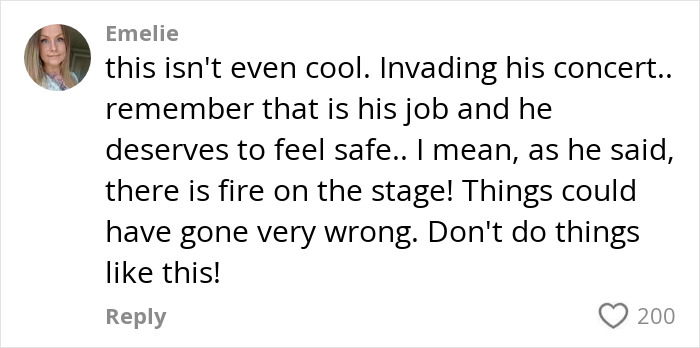 User comment about a concert invasion and safety concerns amid ex-con rock star fat shaming controversy.