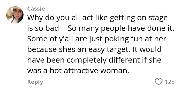 Comment by user Cassie discussing the controversy over fat shaming after a woman rushed the stage during a rock star event.