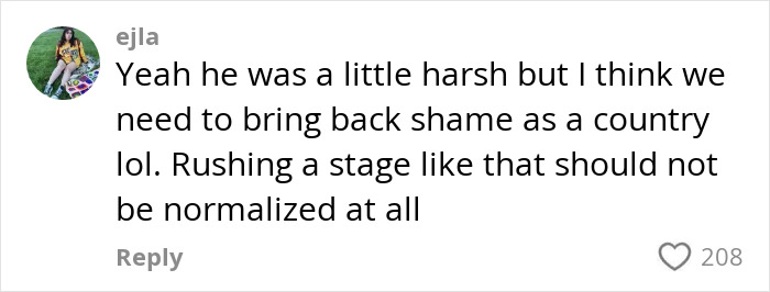 User comment discussing harshness and opposing normalization of rushing a stage, related to fat shaming controversy