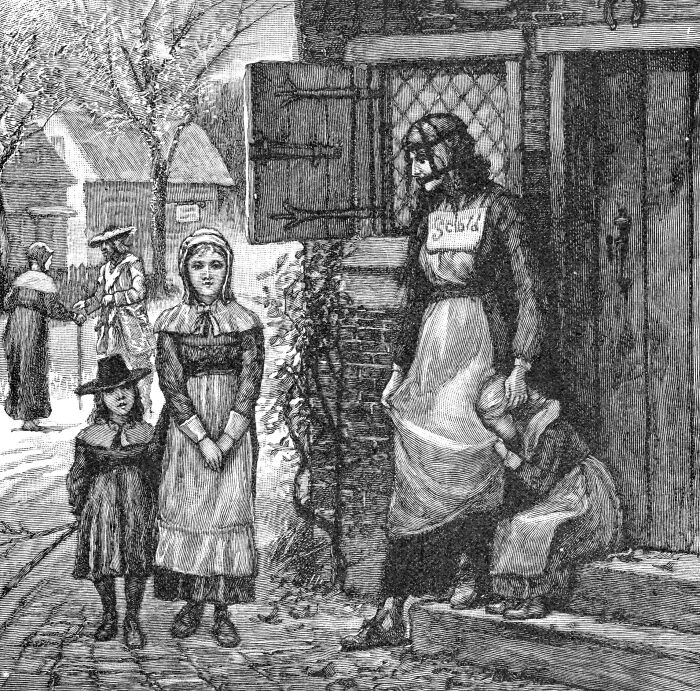 Black and white medieval illustration showing women and children outside a house representing historical t*****e methods and devices.