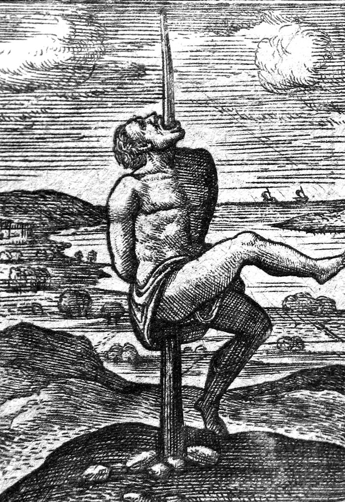 Medieval t*****e device impaling a man seated on a spike in a detailed black and white historic engraving.