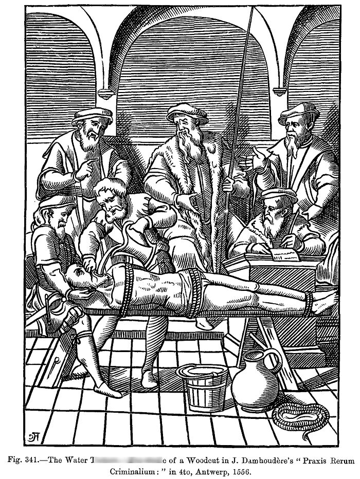 Medieval t*****e methods showing a man restrained on a wooden table with others performing a water t*****e technique.