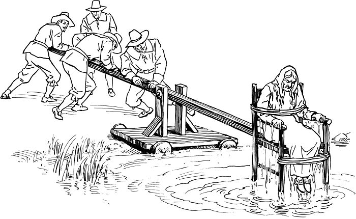 Medieval t*****e method showing a victim strapped to a chair submerged in water, pulled by four men using a wooden device.