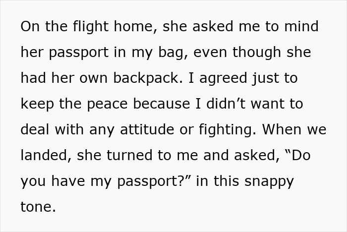 Text excerpt about a woman ending a 15-year friendship following a purse fiasco and passport dispute.