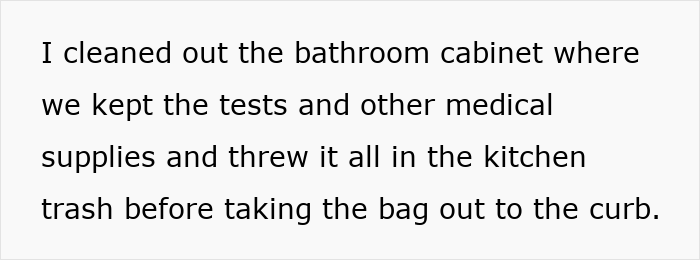 Text excerpt about cleaning out bathroom cabinet and disposing medical supplies in kitchen trash, related to secret digging through trash.