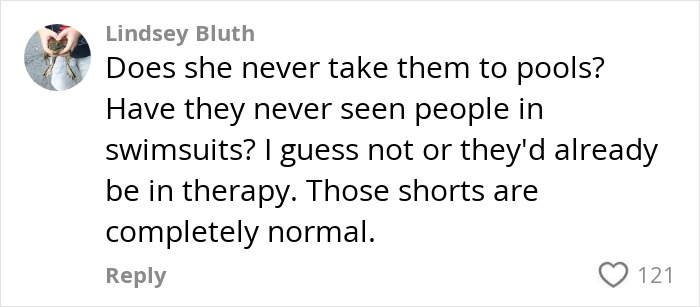 Comment by Lindsey Bluth discussing normalcy of mom shorts in a conversation about friendship ending over mom shorts debate.
