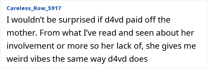 Online comment discussing suspicions around singer D4vd and the family of the missing 15-year-old girl case.