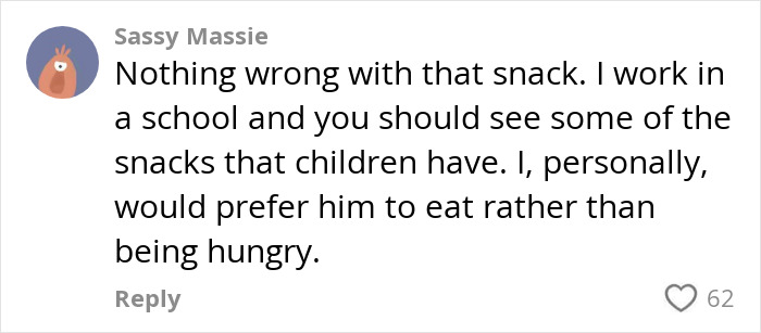 Comment about school snack debate from user Sassy Massie expressing support for child eating rather than being hungry.