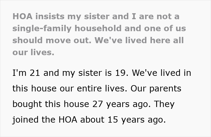 Text screenshot showing a sibling explaining HOA tries to force them out, claiming they are not a single-family household.