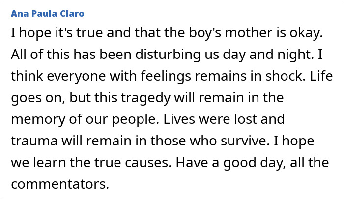Comment expressing hope for the boy's mother and reflecting on trauma after Lisbon crash where dad feared lost found alive.