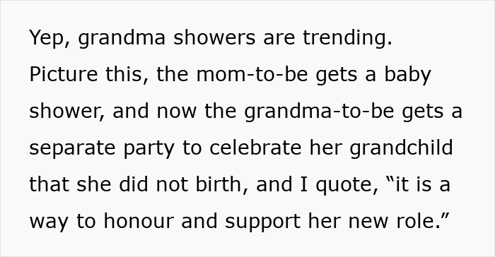 Alt text: People have strong opinions on grandmas having baby showers to celebrate their new grandmother status and role.