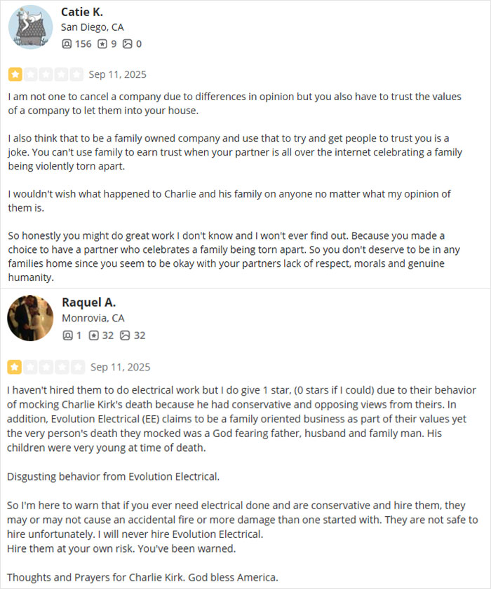 Woman who tanked boyfriend’s career criticized for backlash over Charlie Kirk comments in online reviews. Woman who tanked boyfriend’s career criticized for backlash over Charlie Kirk comments in online reviews.