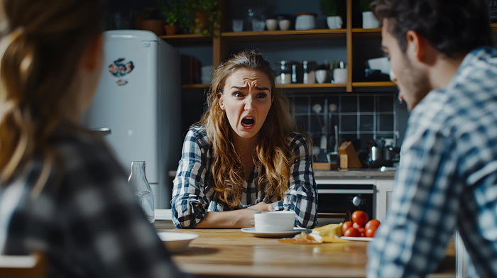 Eldest sister revealing promiscuous past while arguing with youngest brother at kitchen table in a tense family discussion. Eldest sister revealing promiscuous past while arguing with youngest brother at kitchen table in a tense family discussion.