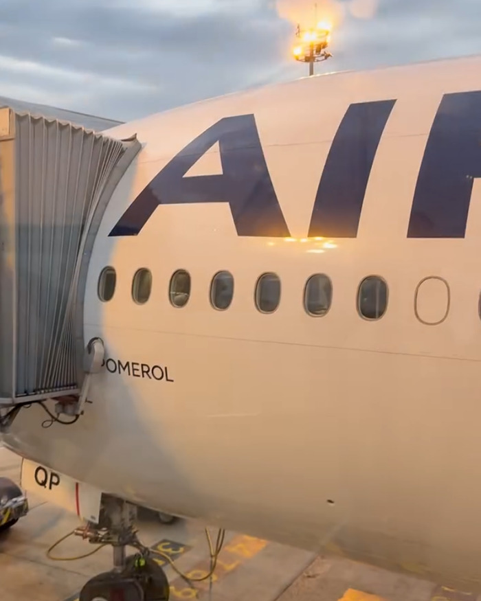 Close-up of a Paris flight airplane exterior at the gate during sunset highlighting chaos and dangerous heat conditions on board.