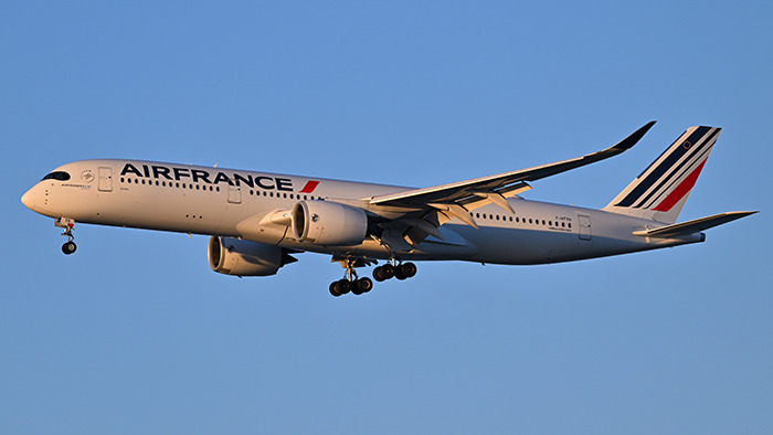 Air France plane flying in clear sky during Paris flight chaos with family trapped in dangerous heat with infant ordeal