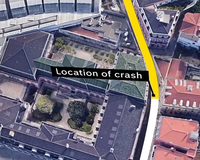 Aerial view of the Lisbon crash location where dad feared lost and toddler son was rescued from wreckage.