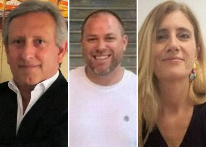 Three individuals pictured side by side, related to dad feared lost in Lisbon crash found alive after toddler rescued.