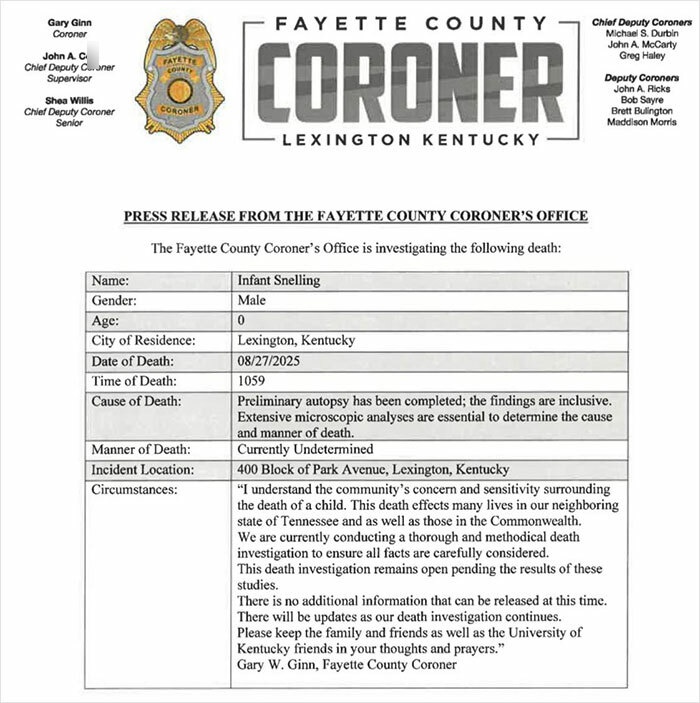 Autopsy findings revealed for newborn male found in cheerleader's closet, Fayette County coroner's preliminary report.