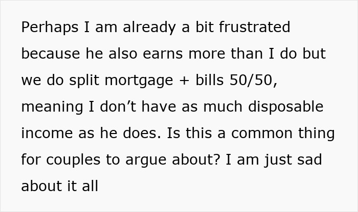 Text discussing frustration over husband's hobby spending and its impact on disposable income and home life.