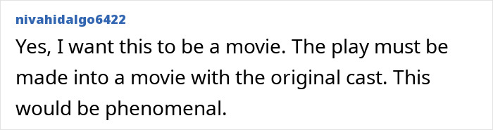 User comment expressing strong desire for a Harry Potter and the Cursed Child movie with original cast, calling it phenomenal.