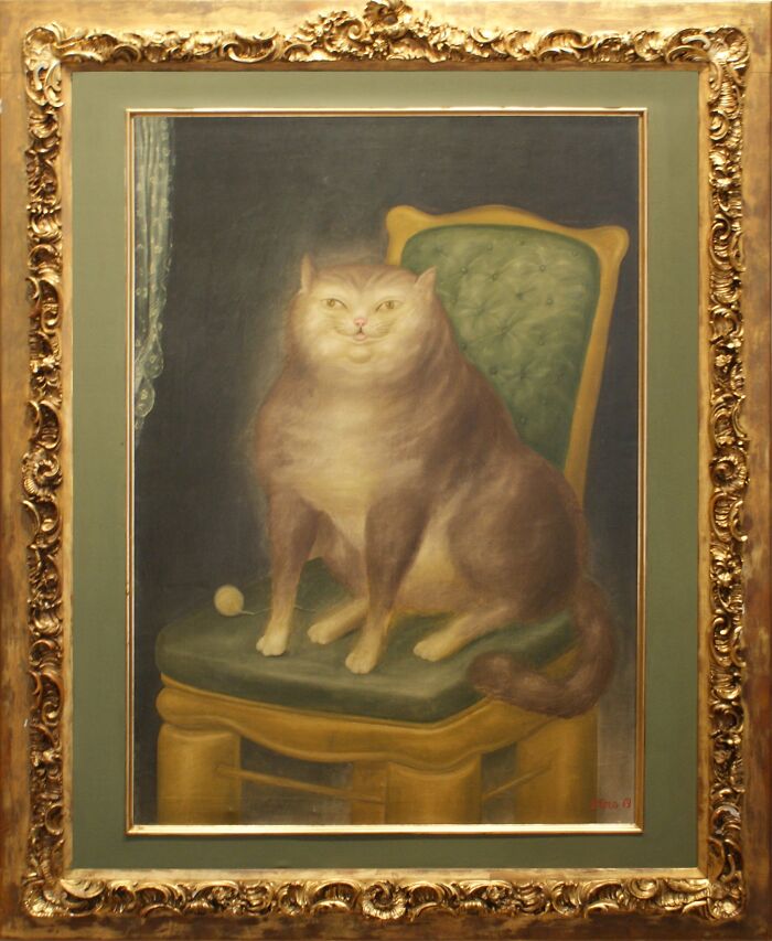 Painting of a medieval cat sitting on a green cushioned chair, showcasing historical human fascination with cats.