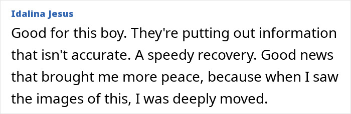 Comment from Idalina Jesus expressing relief and hope for speedy recovery after Lisbon crash involving dad and toddler son rescue.