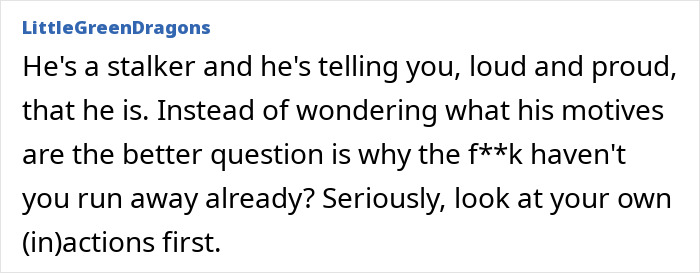 Text post showing a user warning about a stalker and questioning why the lady is worried over online date behavior.