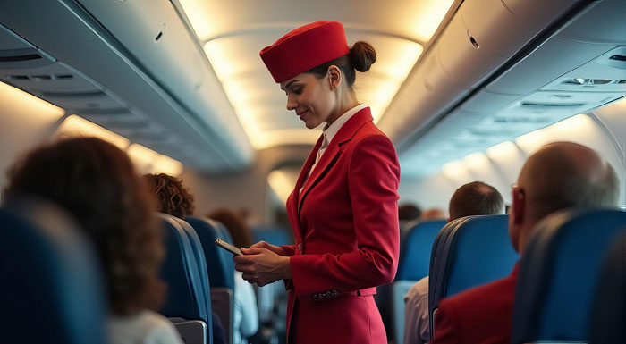 Flight attendant in red uniform assisting passengers during a first class flight with a calm and professional demeanor. Flight attendant in red uniform assisting passengers during a first class flight with a calm and professional demeanor.