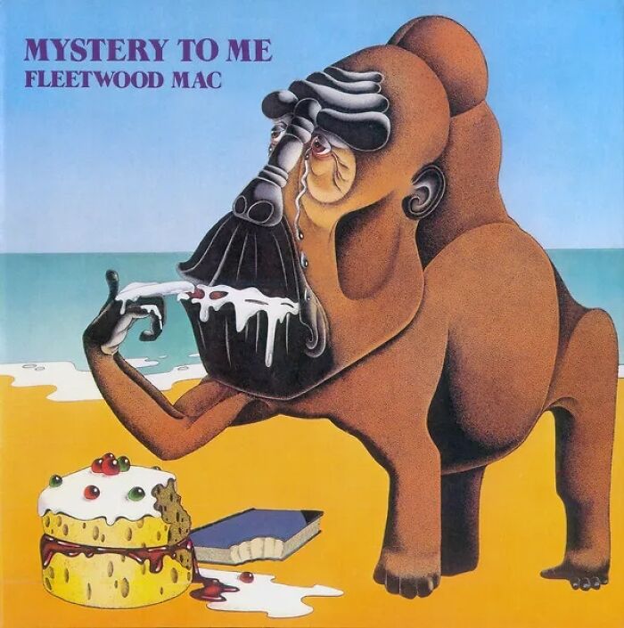 Surreal cartoonish dog with distorted face and dripping milk near a cake, one of the worst album covers ever.