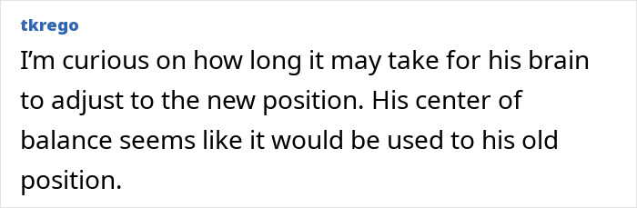 Comment from user tkrego expressing curiosity about how long it will take the folded boy&rsquo;s brain to adjust to standing up straight.