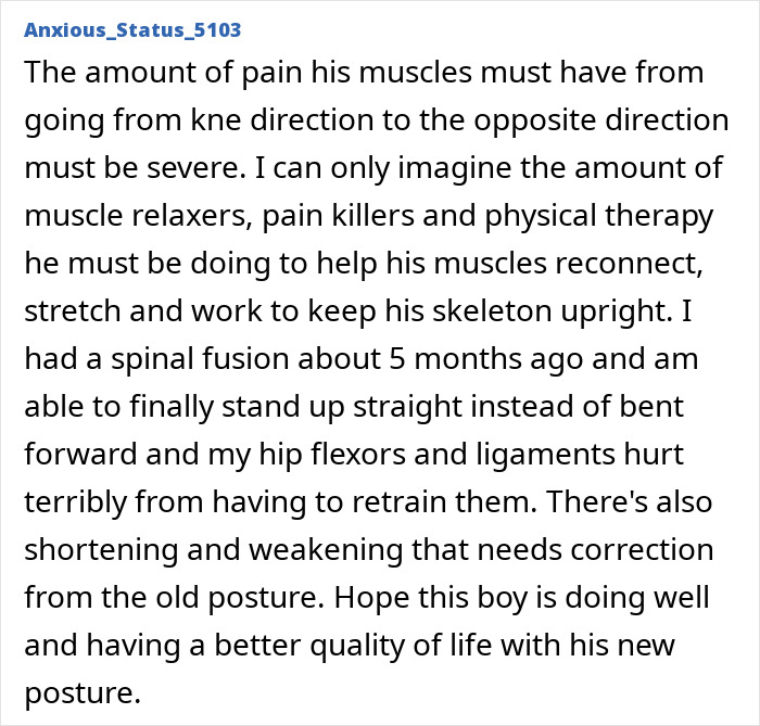 Comment about muscle pain and physical therapy after spinal fusion, relating to standing up straight from bent posture.