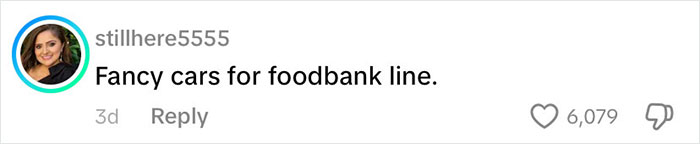 Comment from user stillhere5555 saying fancy cars seen at a food bank line, highlighting richest poor people in the USA.