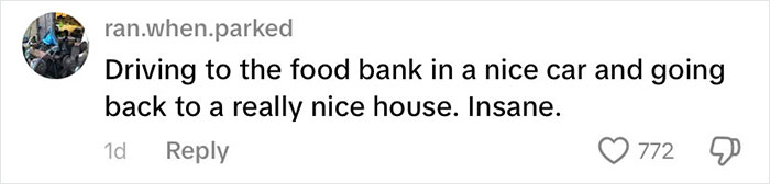 Comment about driving a nice car to the food bank highlighting the richest poor people in the USA controversy.