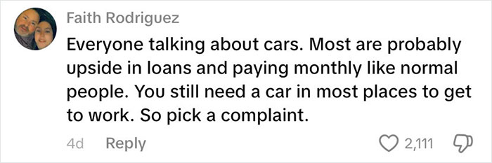 Comment by Faith Rodriguez addressing car loans and challenges faced by poor people in the USA accessing transportation for work.