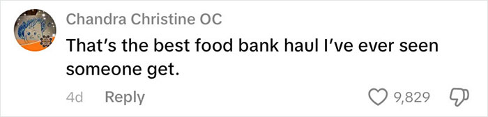 Comment highlighting a food bank haul, reflecting on the richest poor people in the USA and sparking conversation.