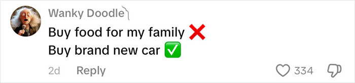 Comment on social media about buying food for family versus buying a new car related to richest poor people in the USA.