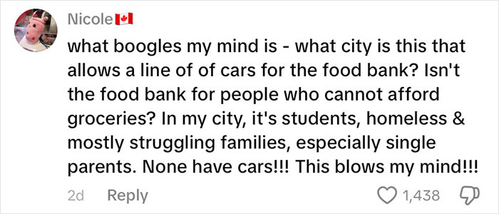 Comment expressing surprise about cars lining up at a food bank, highlighting struggles of the poorest in the USA.
