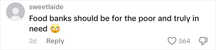 Comment saying food banks should be for the poor and truly in need, reflecting views on USA richest poor people debate.