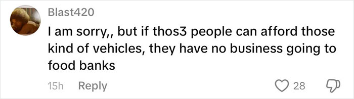 Comment criticizing people with expensive vehicles going to food banks, highlighting richest poor people debate in the USA.