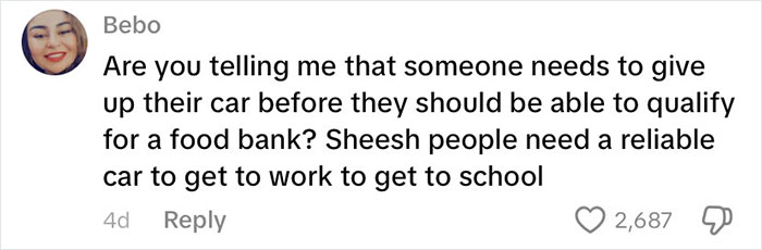 Comment on food bank qualifications discussing cars and work, highlighting USA richest poor people controversy.