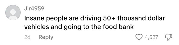 Comment highlighting people driving expensive cars while visiting a food bank, reflecting USA richest poor people topic.