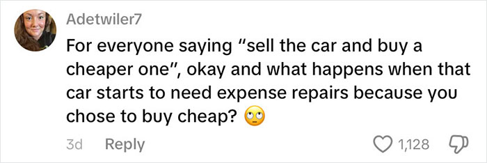 Social media comment discussing financial struggles related to buying cheaper cars, highlighting the richest poor people in the USA.