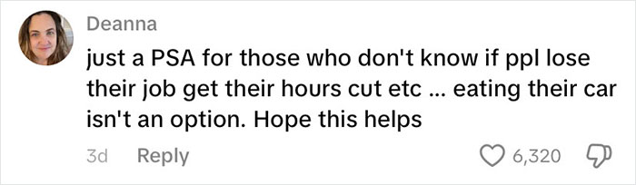 Comment by Deanna explaining job loss and hours cut impact, related to discussion on richest poor people in the USA food bank context.