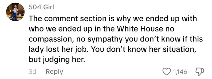 Comment criticizes lack of compassion towards woman documenting trip to food bank in USA with richest poor people debate.