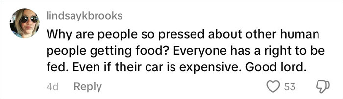 Comment on social media defending food bank visitors amid debate on USA richest poor people and food access rights.