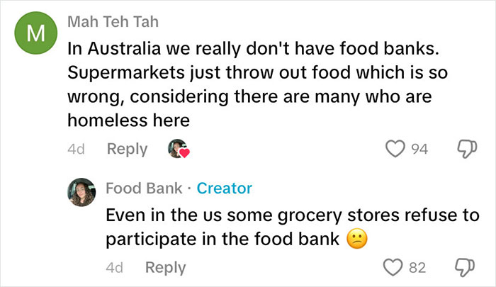 Commenters discuss food banks and grocery stores in the US and Australia amid poverty and homelessness issues.